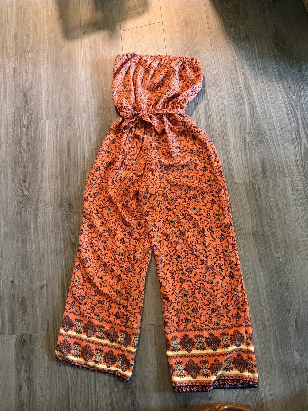 Orange Printed Strapless Wide-Leg Jumpsuit